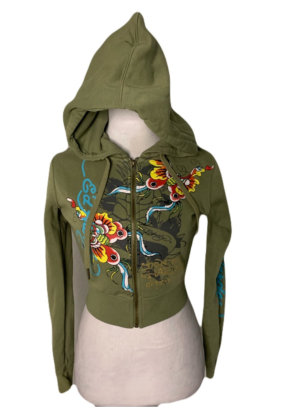 Ed Hardy Kids Small Olive Green Floral Graphic Zip Hoodie Y2K Vintage Colorful